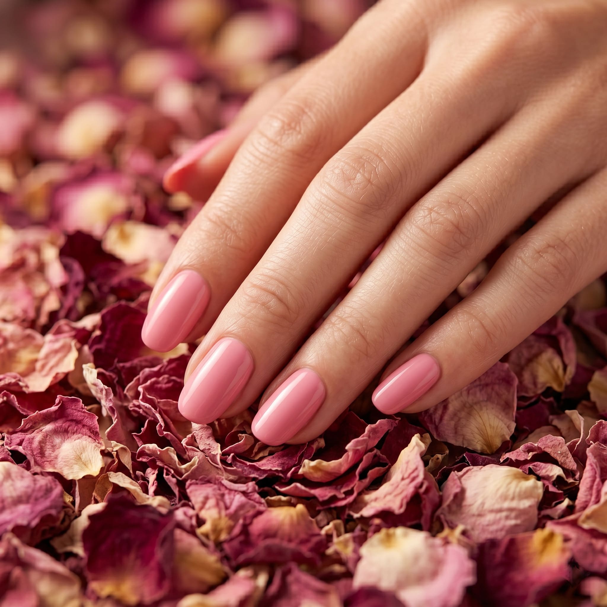 Soft orta pembe kalıcı oje uygulanmış bakımlı eller, No.134